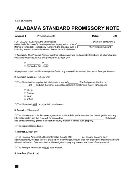 Alabama Promissory Note Template Variables